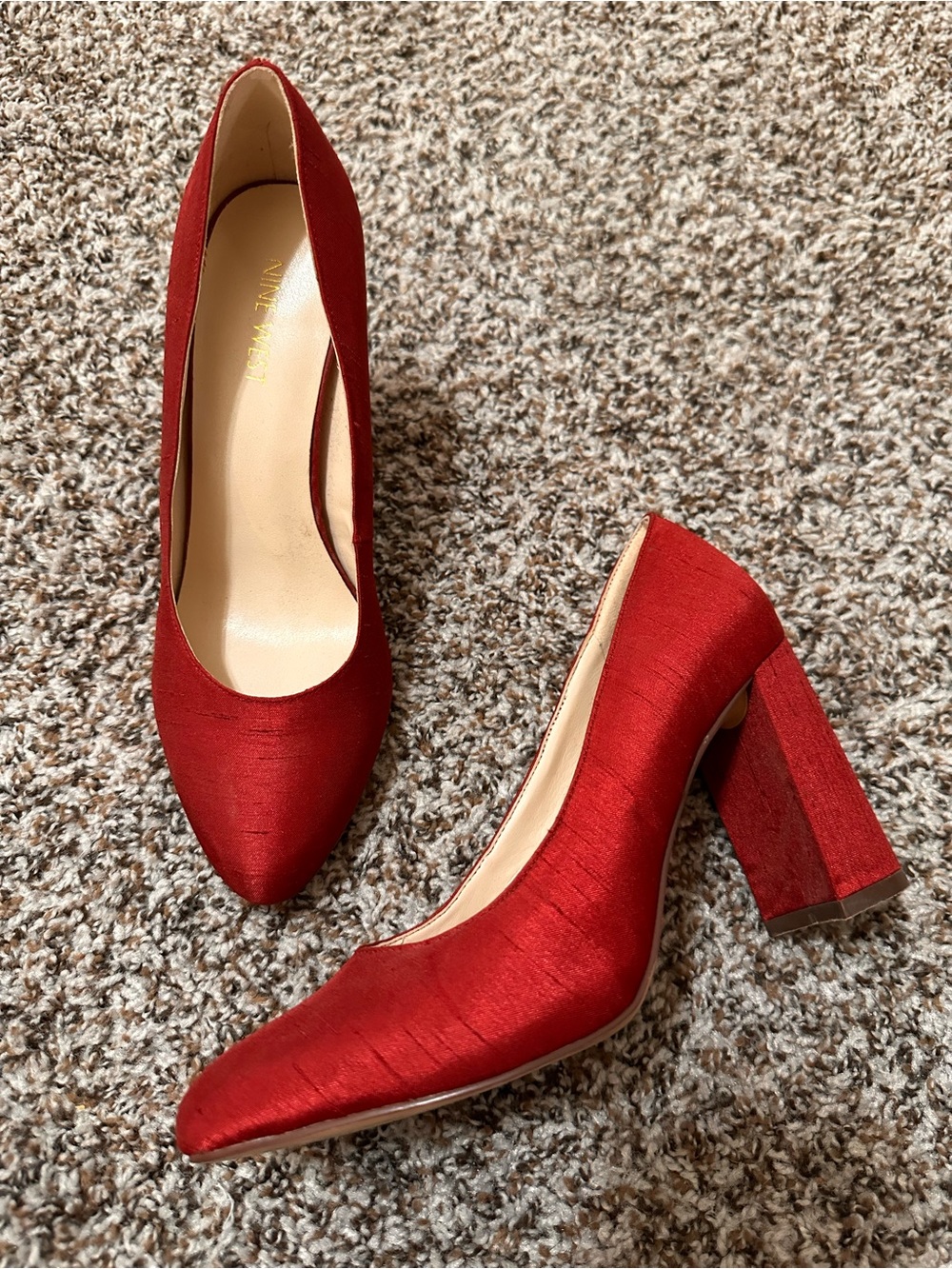 Nine West Red Satin Pointed Block Heel Pumps